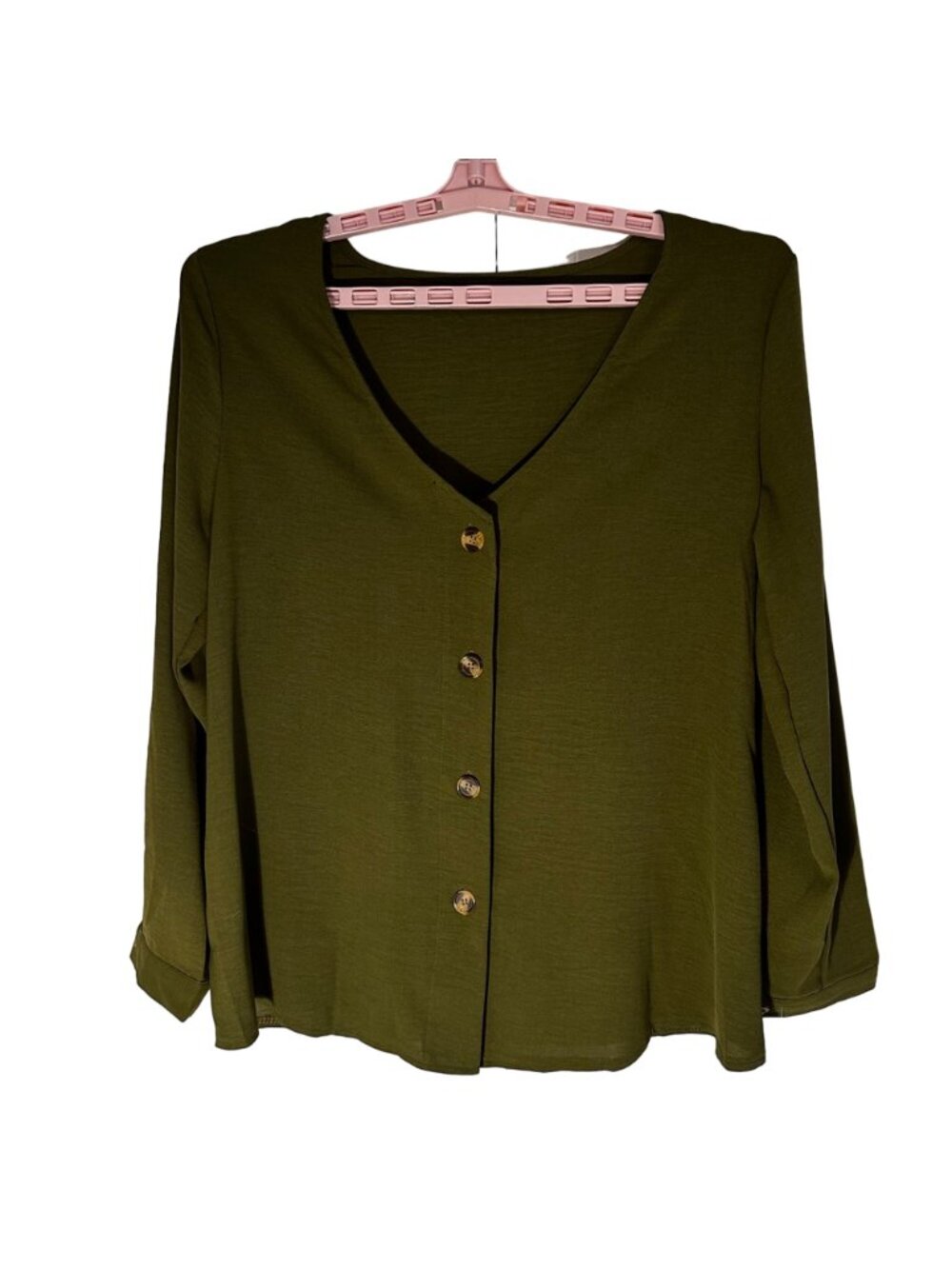 Lola Blooms Boutique Olive Green Long Roll Up Sleeve Button-Up Blouse SZ L NWT - Picture 2 of 12